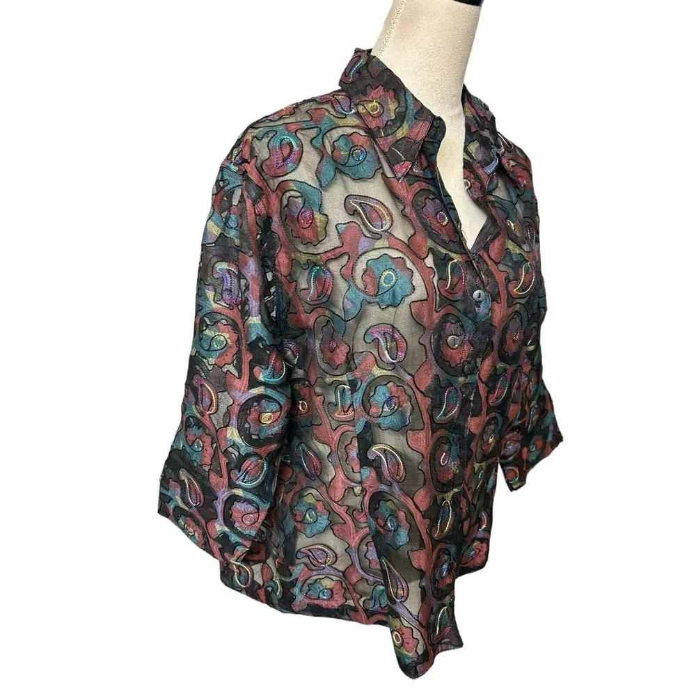 Chico's Design Vintage 90s Sheer Burnout Paisley Silk Blend Embroidered Top Sz 3